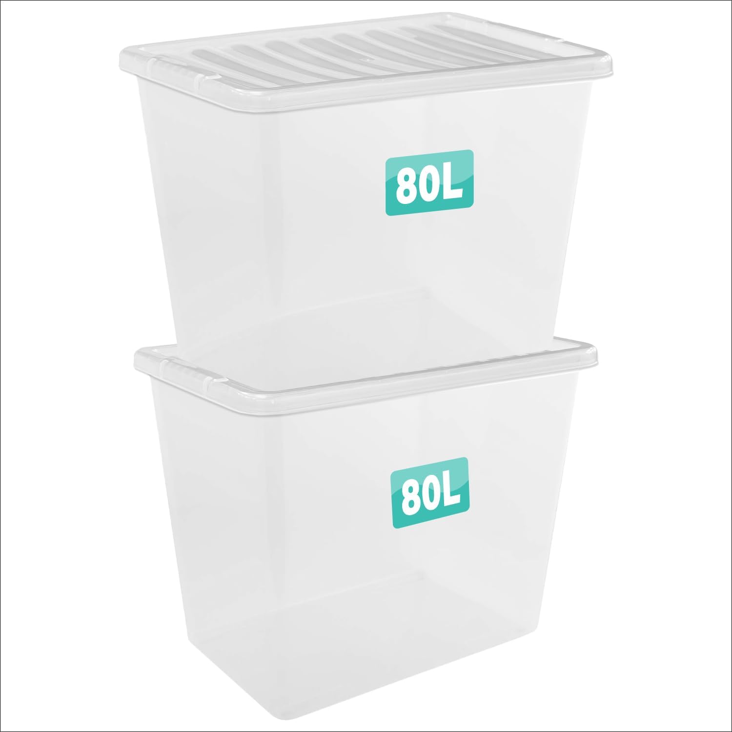 2 x 80 Litre Clear Plastic Storage Boxes With Lids Set of 2, Transparent Multipurpose Nestable Stackable Plastic Box With Lid Containers For Home, Kitchen, Garage, Office, Accessories