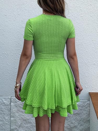 Image of Womens Summer Mini Dresses Short Sleeve Casual Crewneck Knitted Crochet Flowy Tiered Sundress