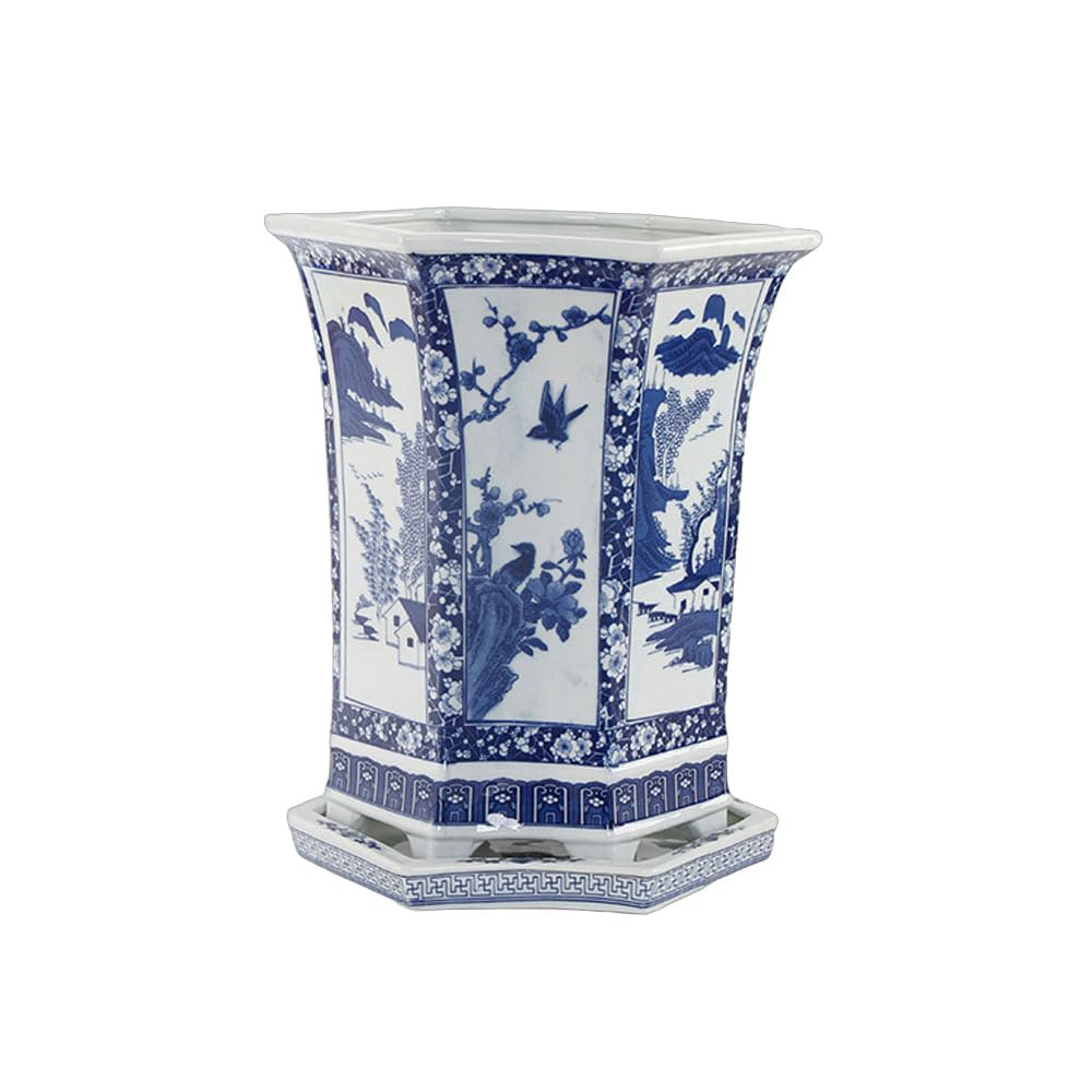DFGHNBVC 13.4 Inch/17 Inch Tall Ceramic Planter Pot With Drainage Hole And Saucer Blue And White Porcelain Flower Plant Pot Chinoiserie Hand-painted Hexagonal Ceramic Orchid Pot,Blue