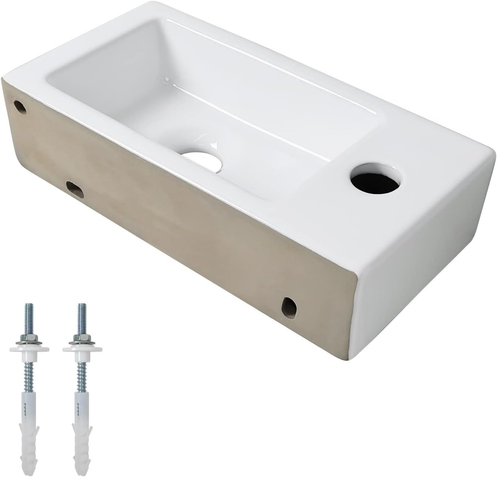 Ibergrif, M41102-L Prostokątna ceramiczna umywalka z 1 otworem na kran, lewa ręczna umywalka montowana na ścianie, mały rozmiar: 376 × 188 × 93 mm, biały