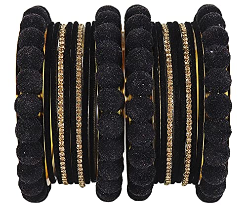 Image of NMII Stylish Metal with Golden Zircon Stone & Velvet Balls Bangles Set For Women and Girls | Fancy Designer Bangles | Short Velvet Chuda Set | Women's Fashion Jewellery