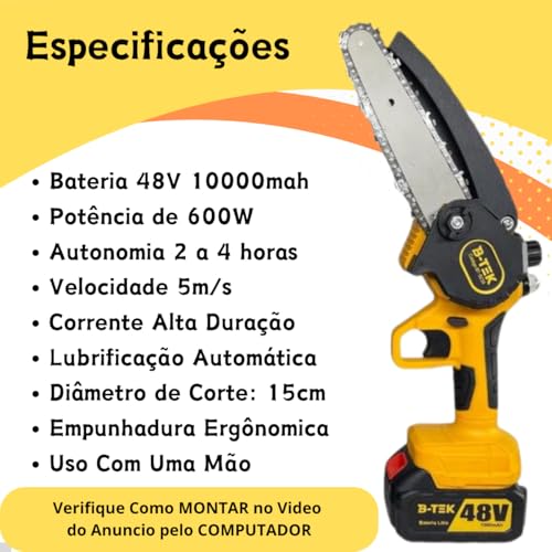 Motosserra Bateria Portátil Elétrica 48v Poda Corte Sabre 6