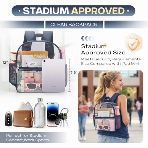 Image of Oraben Clear Backpack Stadium Approved, 12 x 6 x 11 in, Small Transparent Backpack for Concerts, Sports Events, Festivals, Travel, Waterproof PVC, Adjustable Straps, Women Men
