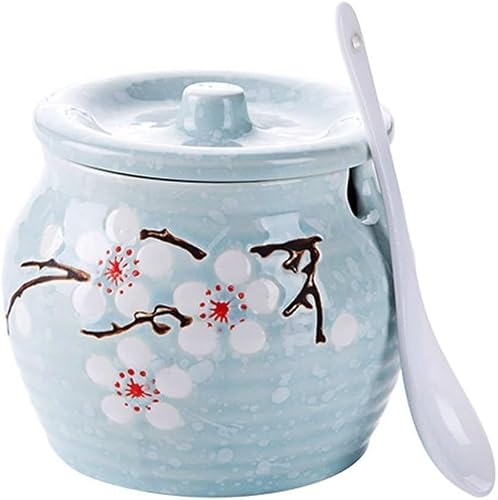 KYUEPONG Sugar Container, Ceramic Flower Sugar Bowl Seasoning Pot Salt Pepper Storage Jar with Lid And Spoon(Blue)