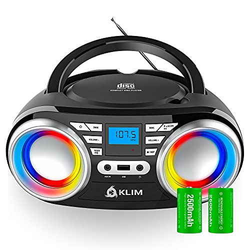 KLIM CD Boombox B3 Portable Audio System + FM Radio, CD, MP3, Bluetooth, AUX, USB + Wired and Wireless Mode with Rechargeable Batteries + Upgraded CD Laser Lens + Digital EQ + 2021 Release