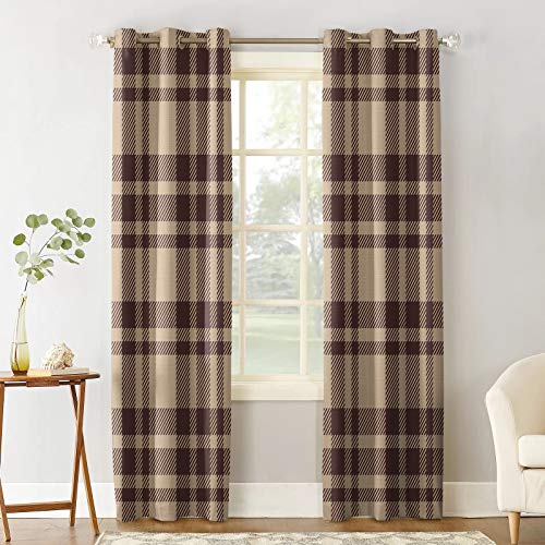 Artshowing Plaid Blackout Window Curtains 2 Panels Patchwork Decor, 42X54 Inch Thermal Insulated Grommet Curtains For Bedroom Living Room, Brown Geometric Elegant Checkered Texture #TOP1