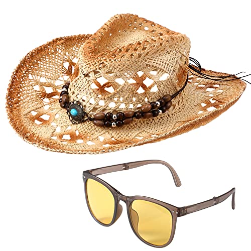 Zhanmai Women Men's Woven Straw Cowboy Cowgirl Hat With Foldable Sunglasses Wide Brim Western Straw Hat Cowboy Costume Accessories(Beige) #TOP13