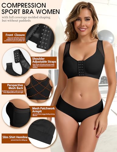 MISS MOLY Post Surgery Compression Bras For Women Front Closure Adjustable Strap Wirefree Breast Enhancement Posture Sport Bra Black L - image 3