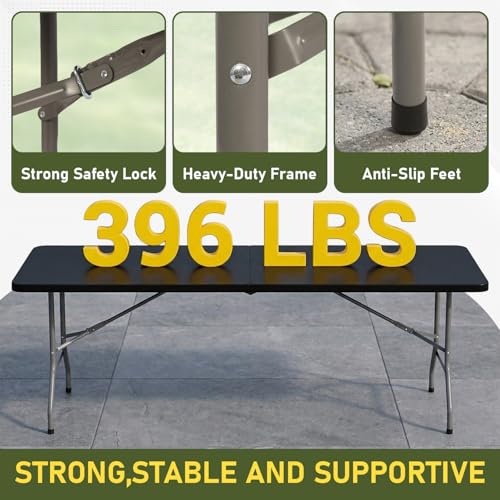 Image of BestOffice 8 FT Picnic Table Plastic Camping Table Portable Square Height Folding Table Perfect for Picnics, Parties, Party and Camping, Black