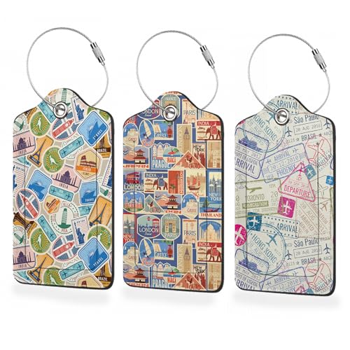 Set of 3 Luggage Tags,Travel Stamp Leather Suitcases Tag Identifiers with Privacy Name Address Labels & Durable Steel Loop for Women Men Travel