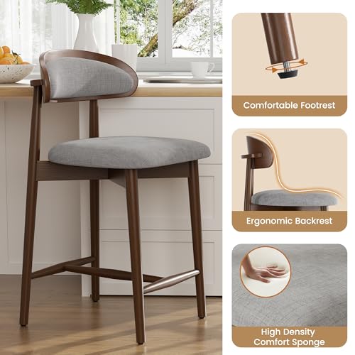 Image of Counter Height Bar Stools Set of 2, Upholstered Kitchen Bar Stools with Back, Mid Century Modern Counter Stools with Wood Legs for Kitchen Island Dining Room Bar, Khaki