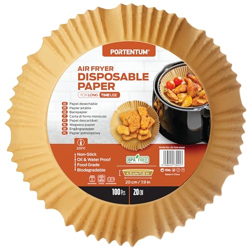 PORTENTUM Backpapier für Heißluftfritteuse 100 Stück, Einweg und ungebleicht. Geeignet für 5 bis 8 Liter. Lebensmittelechtes Backpapier, BPA-frei, FDA- und LFGB-zertifiziert