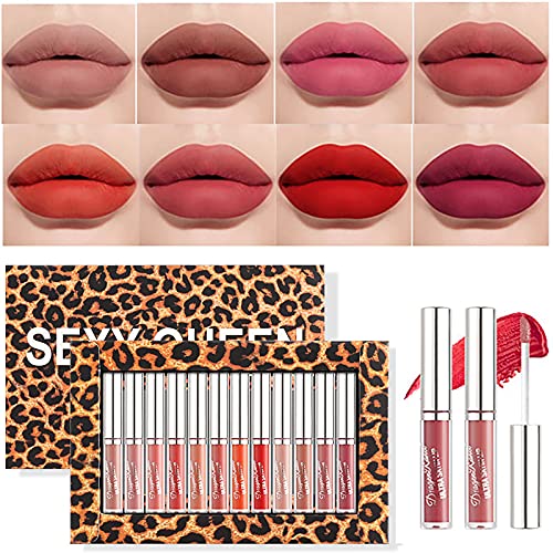 12 Colors of Matte Liquid Lipstick Set, Dulele Waterproof & Long Lasting Velvet Non-Stick Cup Smooth Lip Gloss Kit with Leopard Gift Box