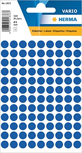 HERMA 1833 Punktaufkleber Klebepunkte blau, 540 Stück, Ø 8 mm, 108 pro Bogen, selbstklebend, Markierungspunkte für Kalender Planer Basteln, matt, blanko Papier Farbpunkte Etiketten Aufkleber