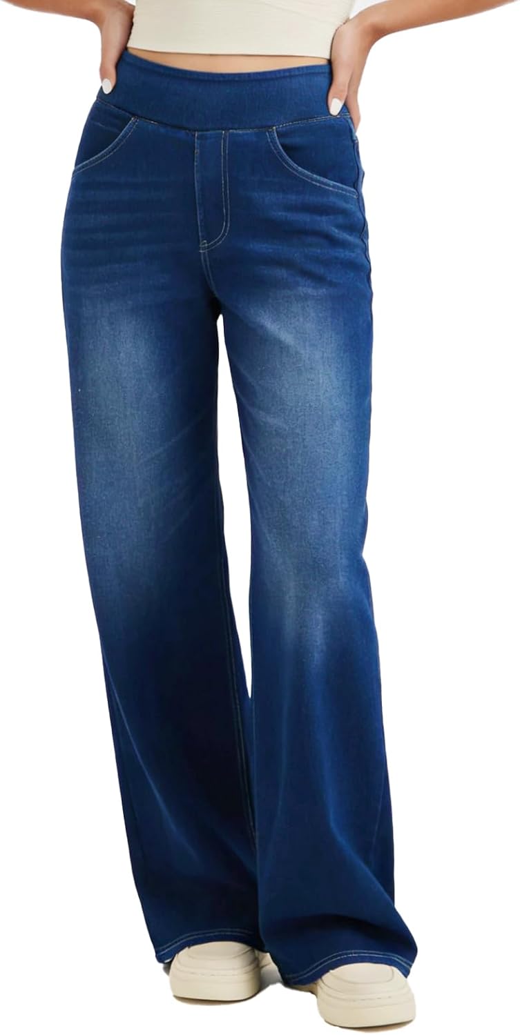 Vsaiddt Stretch Wide Leg Jeans for Women High Waist Pull On Jeans Denim Pants Loose Jeggings