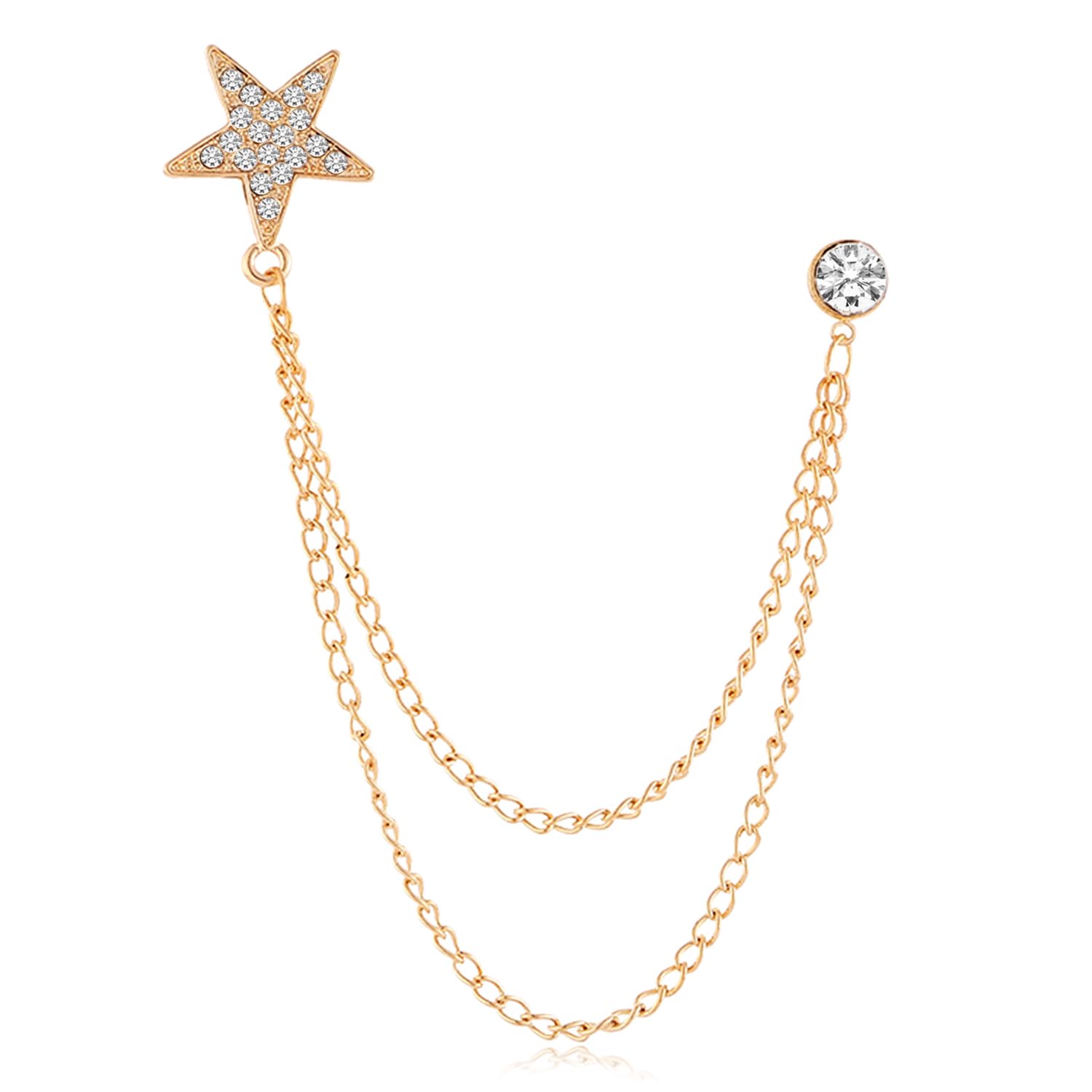Gold Plated Cubic Zirconia Studded Star Pattern Double Chain Pin Brooch Elegant Jewellery for Men-image-13