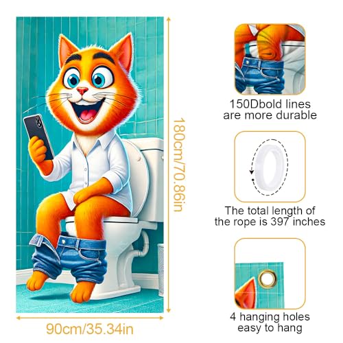 Image of Funny Cat Toilet Door Cover 35x71in Orange Tabby Humor
