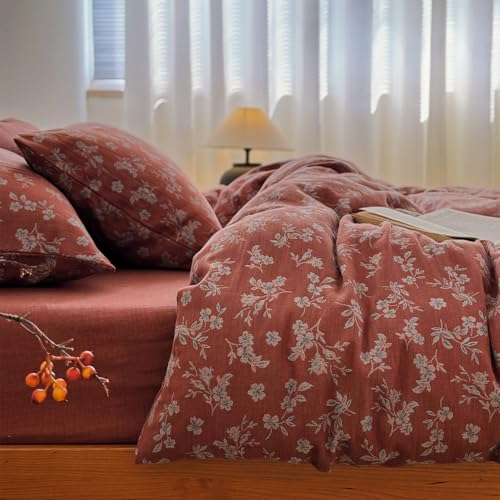 Image of VM VOUGEMARKET Linen Cotton Duvet Cover Set Queen Size,Rust Red Floral Print, Double Layer Gauze, Soft Breathable Bedding Set with Zipper Closure, 3 Pieces (1 Duvet Cover + 2 Pillow Shams)