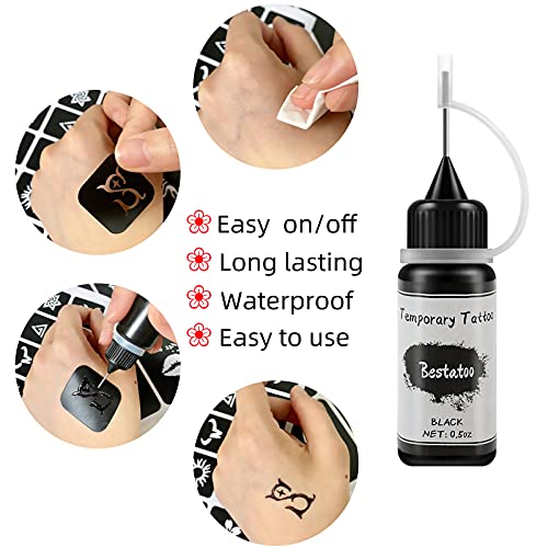 Bestatoo Temporary Tattoo Kit,Fake Tattoos Semi Permanent Tattoo Gel For Diy Body Painting Fake Freckles 52 Pcs Tattoo Stencils,Full Kit 4 Colors (Black/Red/Brown/Teal) #TOP1