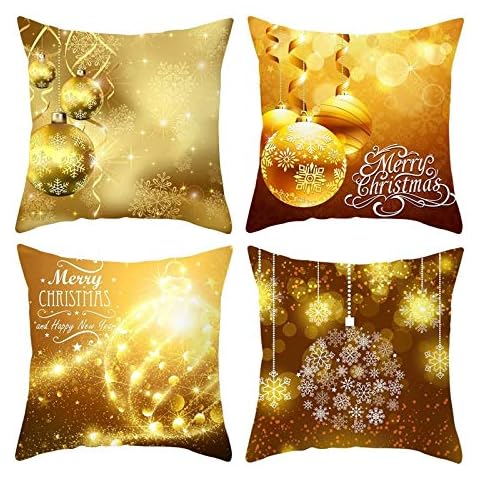 Homxi Cover Cushion 40x40 Set of 4,Polyester Pillowcase Balls Snowflake Merry Christmas and Happy New Year Christmas Cushions Covers Gold Cover