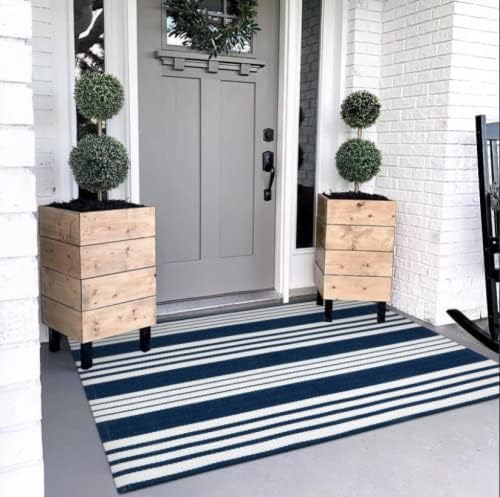 OJIA Blue and White Outdoor Rug 3'x5' Cotton Woven Striped
