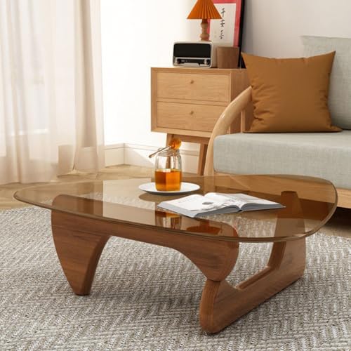 Mesa Auxiliar Triangular De Madera De Roble Macizo Y Vidrio Templado - Mesa De Café Minimalista Con Unión De Espiga, Mesa De Acento Geométrica Moderna Para Sala De Estar Y Espacios Pequeños(Brown glas