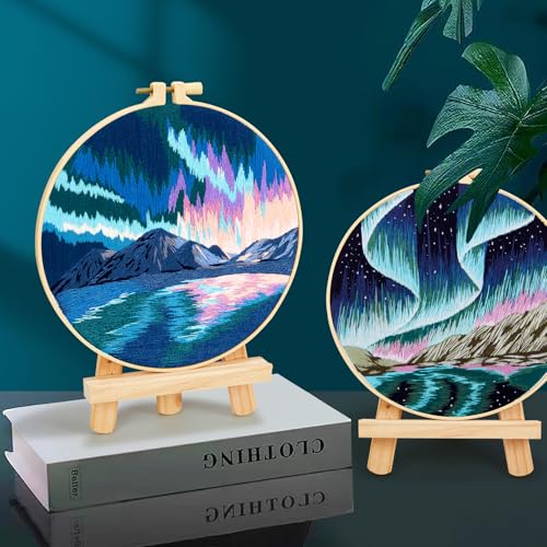 Image of Aurora Borealis Embroidery Starter Kits for Beginners Adults, Stamped Cross Stitch Kit for Adult Beginner, Hand Embroidery Needlepoint Kit, 2 Set Embroidery Supplies, 2 Hoops (Attached Video Tutorial)