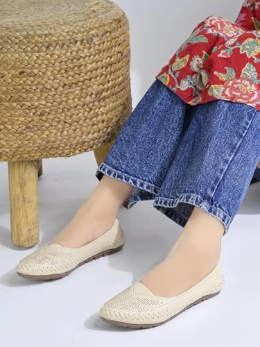 Image of Duosoft Comfort Walk Women's Perforated Leather Flats, Tan, Hand-Stitched, Breathable & Lightweight, Cushioned Insole, Flexible Sole