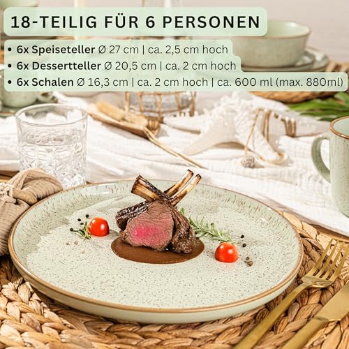 SÄNGER Rio Minze | Tafelservice 18 teilig, Steingut Geschirr Set 6 Personen, 6x Speiseteller 6x Dessertteller 6x Schalen Geschirrset und Schale mintgrün | VALUE COLLECTION