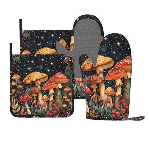 Oven Mitts and Pot Holders Mushroom Forest Vintage Silicone Kitchen Accessories Set of 4 Heat Resistant Long Gloves Potholder Non Slip Grip for Chef Cooking Baking Grilling BBQ