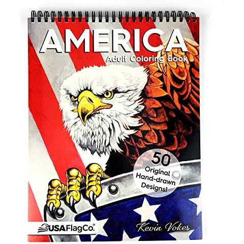 America Adult Coloring Book - 50 Hand Drawn American Designs Printed on Artist Paper, Thick Covers, Top Spiral Bound, Perforated Pages, and Blotter Page by USA Flag Co. Cover