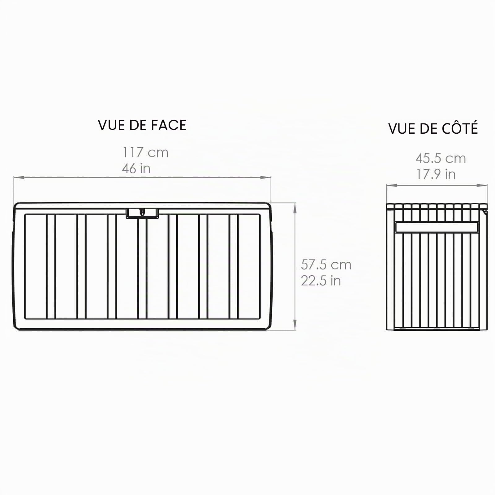 Gardiun Coffre de rangement fabriqué en résine Top 117 x 45,5 x 57,50 cm 270 L Montage en clic avec système de fermeture Gris
