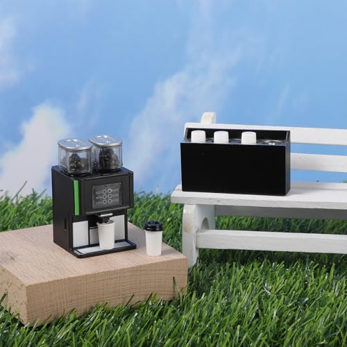 AOZUO 9 teiliges Puppenhaus Miniatur Kaffeemaschinen Set, 1:12 Mini Kaffeemaschine Kaffeetassenhalter aus Kunststoff Tassendeckel Kaffeeaufkleber Kaffeebohnen Puppenhaus Dekor für Puppenhaus