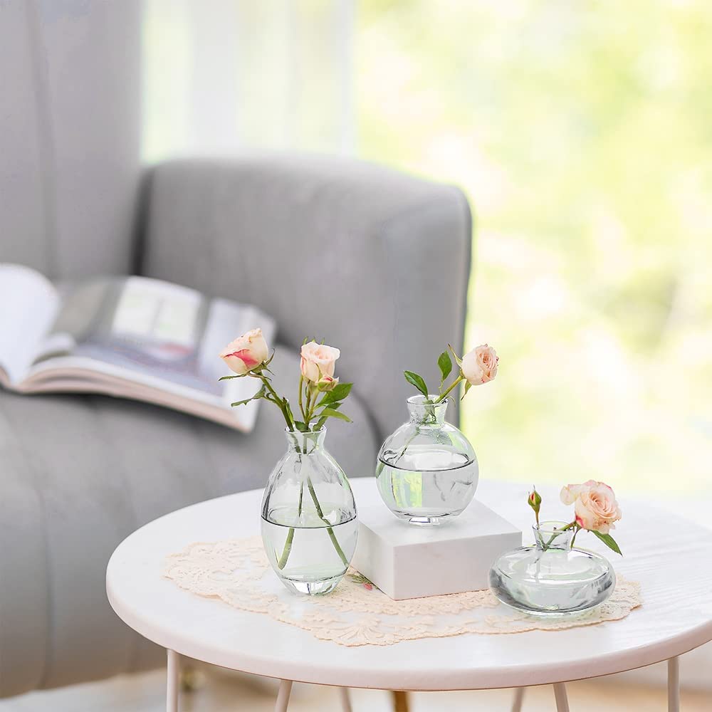 Hewory Glazen knopvazen voor bloemen: 3 cm (B) x 6 cm (H) Mini glazen vaas groene kleine vazen voor tafeldecoratie - 5 stuks geassorteerde mini-vaas voor bruiloft middelpunt woonkamerdecoratie