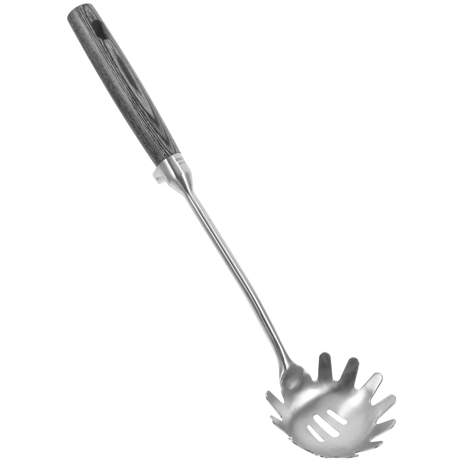 Cuchara coladora de fideos en acero inoxidable con mango de madera ergonómico para pasta