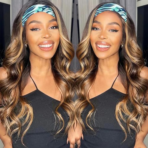 Celiarita Highlight Headband Wig Human Hair Body Wave Glueless None Lace Front Wigs 26 Inch #4/27 Ombre Colored 150% Density Brazilian Virgin Body Wave Human Hair Wigs for Black Women