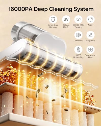 Image of Trucozie Mattress Vacuum Cleaner with 275nm UV-C Light & 149℉ Heat, 16Kpa Powerful Suction Bed Vacuum for Pet Hair & Dander, Smart Dust Sensor, Anion & Aromatherapy, Corded for Bed, Sofa, Couch, White