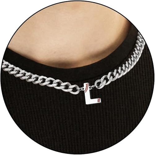 Baseball Necklaces for Boys Stainless Steel Initial Necklace with Letter A-Z 6.5mm Cuban Chain Adjustable Gifts for Men Boys 16+2 Inches