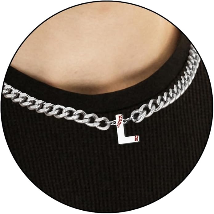 Baseball Necklaces for Boys Stainless Steel Initial Necklace with Letter A-Z 6.5mm Cuban Chain Adjustable Gifts for Men Boys 16+2 Inches