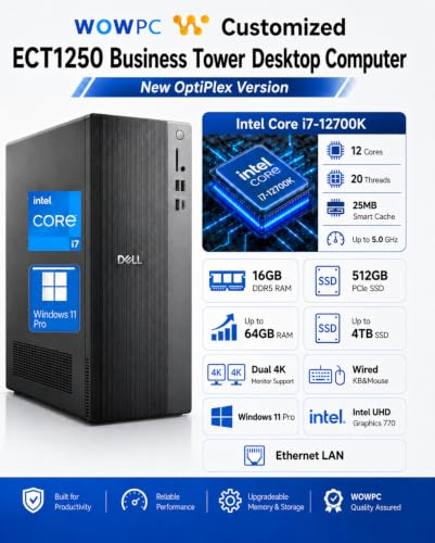 Image of Customized Dell ECT1250 Business Tower Desktop Computer, New OptiPlex Version-Intel Core i7-12700K, 16GB DDR5 512GB SSD, Up to 64GB RAM 4TB SSD, Dual 4K Monitor Support, Wired KB&Mouse, Win11Pro