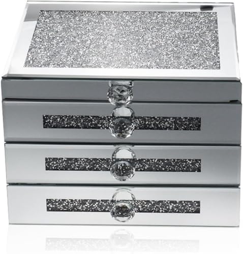 Xemuar ジュエリー収納ボックス、ラインストーンミラーガラス、防塵、整理、引き出し式ネックレス、イヤリング、レディース、4層大容量、シルバーミラーハイエンドデスクトップライト高級ギフト (シルバー)