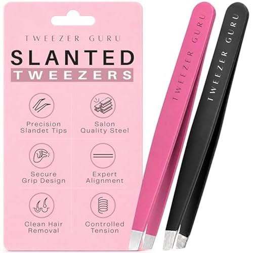 Tweezer Guru Tweezers for Women Facial Hair & Men – Precision Slant-Pointed Eyebrow Tweezer for Ingrown Hair, Blackhead & Splinter Removal (Black+Pink)