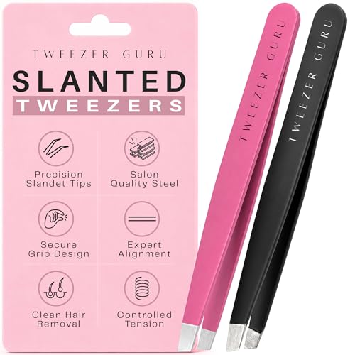 Tweezer Guru Tweezers for Women Facial Hair & Men – Precision Slant-Pointed Eyebrow Tweezer for Ingrown Hair, Blackhead & Splinter Removal (Black+Pink)