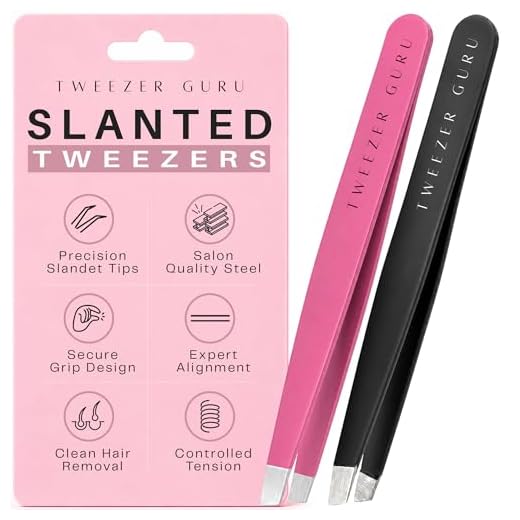 Tweezer Guru Tweezers for Eyebrows - 2 Pack Slant Tip Professional Stainless Steel Eyebrow Tweezers for Women & Men - Great Precision on Brow, Facial Hair & Ingrown Hair (Classic Pink and Black)