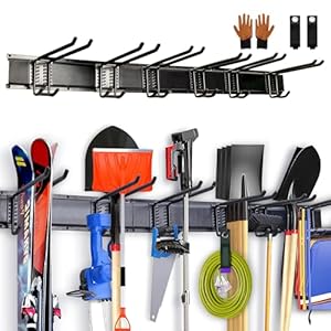 Wall mount Tool Storage Rack – Heavy Duty Garden Tool Organizer, Garage Organization Hold Up to 350lbs – with 6 Double Layer Wall Hooks and 16″x3 Rails (48 inch total) Glove & Straps Black