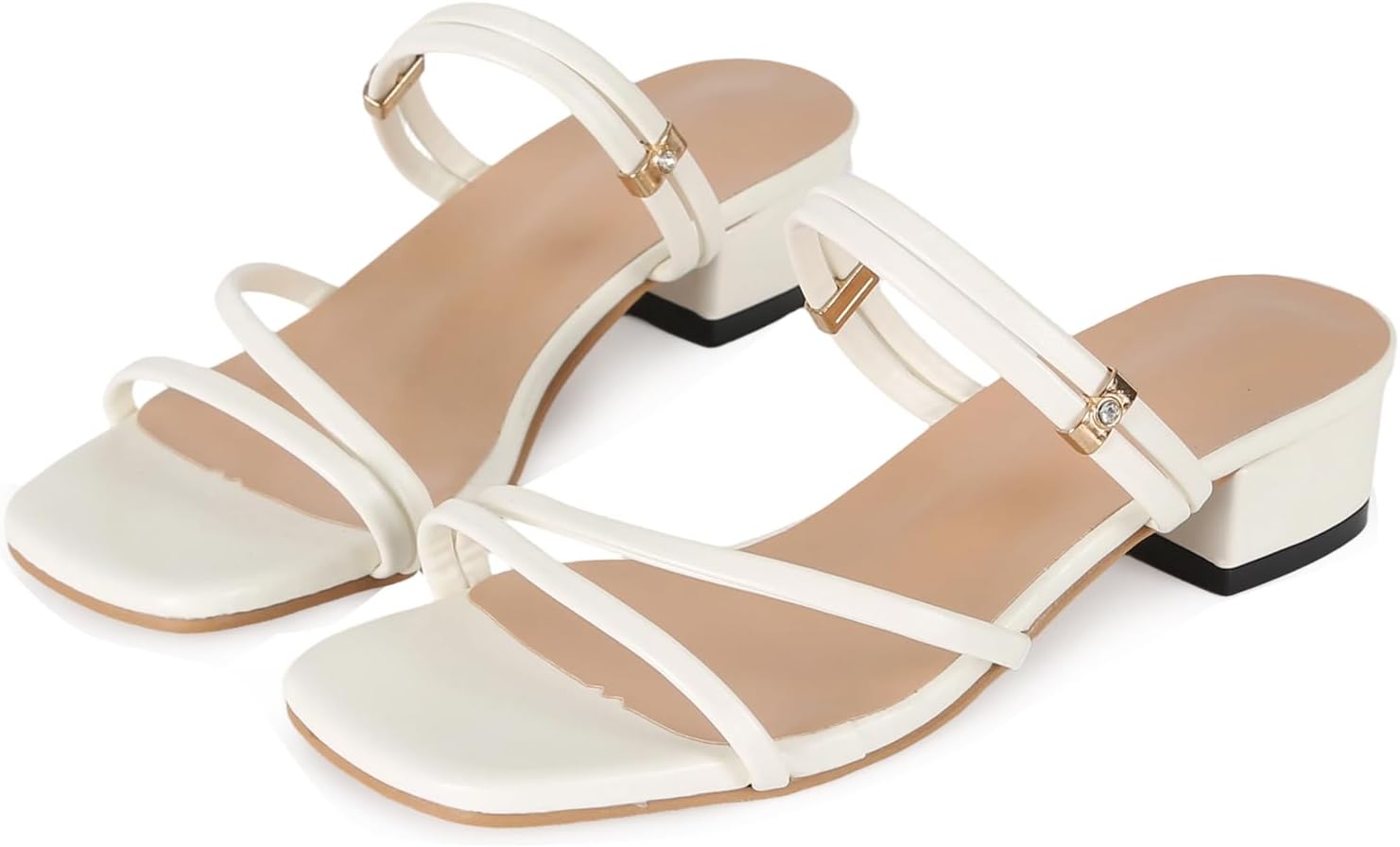 Women's Strappy Sandals Low Block Heel – Square Toe Off-White Minimalist Summer Sandals with Slingback Strap – Casual Dress Sandals for Office, Travel, and Daily Wear