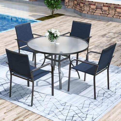 Image of Anmutig 5-Piece Outdoor Patio Dining Set, 40-Inch Round Glass Table with 4 Stackable Chairs,Navy