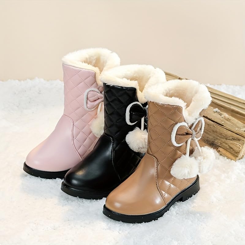 Kids Cute Snow Boots with Bow Tassels, Mid Tube Slip On Boots, Winter Warm Boots for Girls Fuzzy Fleece2