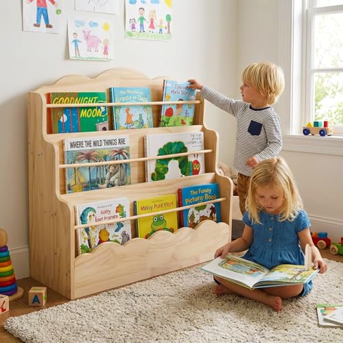 Image of Amdermi 3-Tier Scalloped Montessori Bookshelf for Kids, Solid Wood Front-Facing Toddler Bookcase, Low Children's Book Display Shelf for Nursery, Playroom, Classroom, Natura