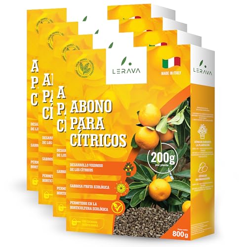 LERAVA Abono cítricos (4x800g) - Fertilizante orgánico para cítricos - Crecimiento vigoroso y frutas sabrosas - Ideal para macetas y jardín - Incluye vaso dosificador - 100% fabricado en Italia